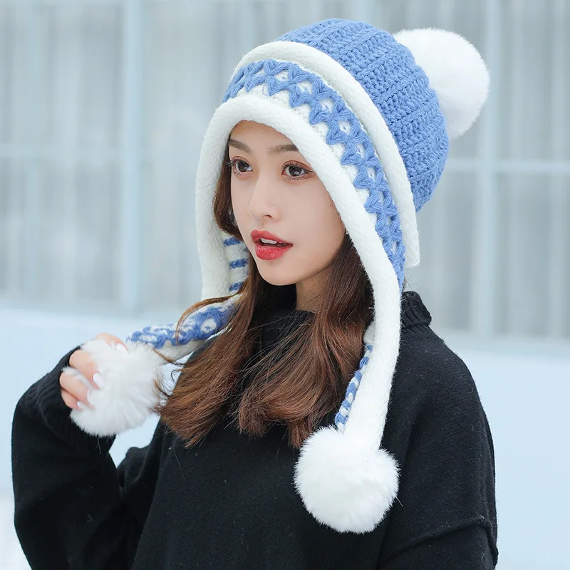 Women Winter Peruvian Cover Ears Beanie Hat Ear Flaps Sherpa Ski Snow Hats Knit Fleece Lined 3 Pom Pom