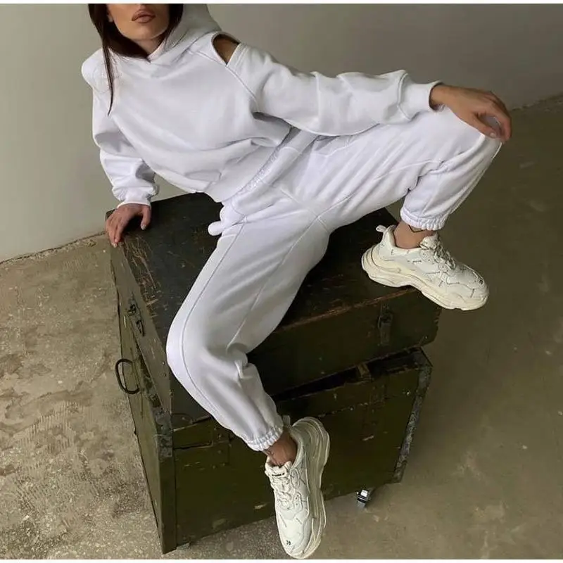 Sexy Off Shoulder Hooded Sweatshirt Pants Two Piece Sets Women Casual Loose Pullover Tops Outfits Autumn Winter Sports Pant Sets