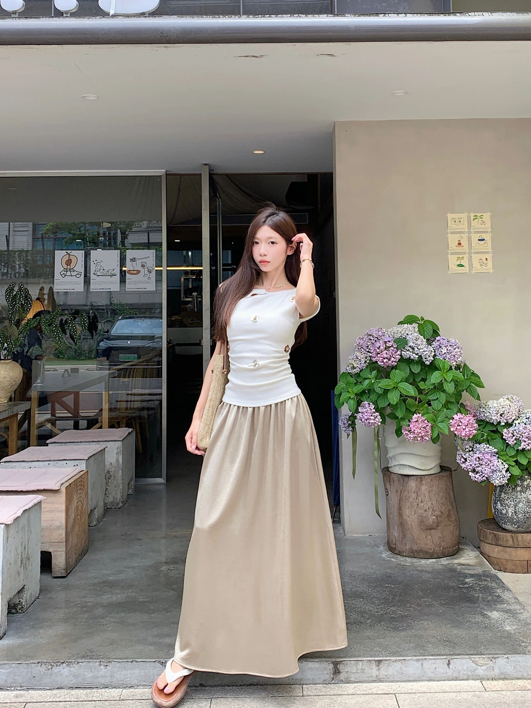 

Elegant Pure Color Silk Satin Elastic Waist A-Line Skirt Women's Summer Draping Slimming Half-length Skirts Fashionable