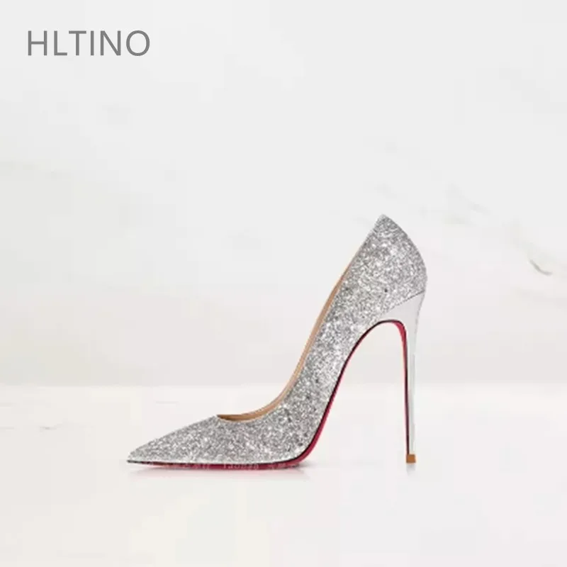 Women Red Bottom Shoes Silver Gold Sexy 12cm High Heel Pumps with Sequins Bridal Wedding Party Slip on Summer Spring Stilettos