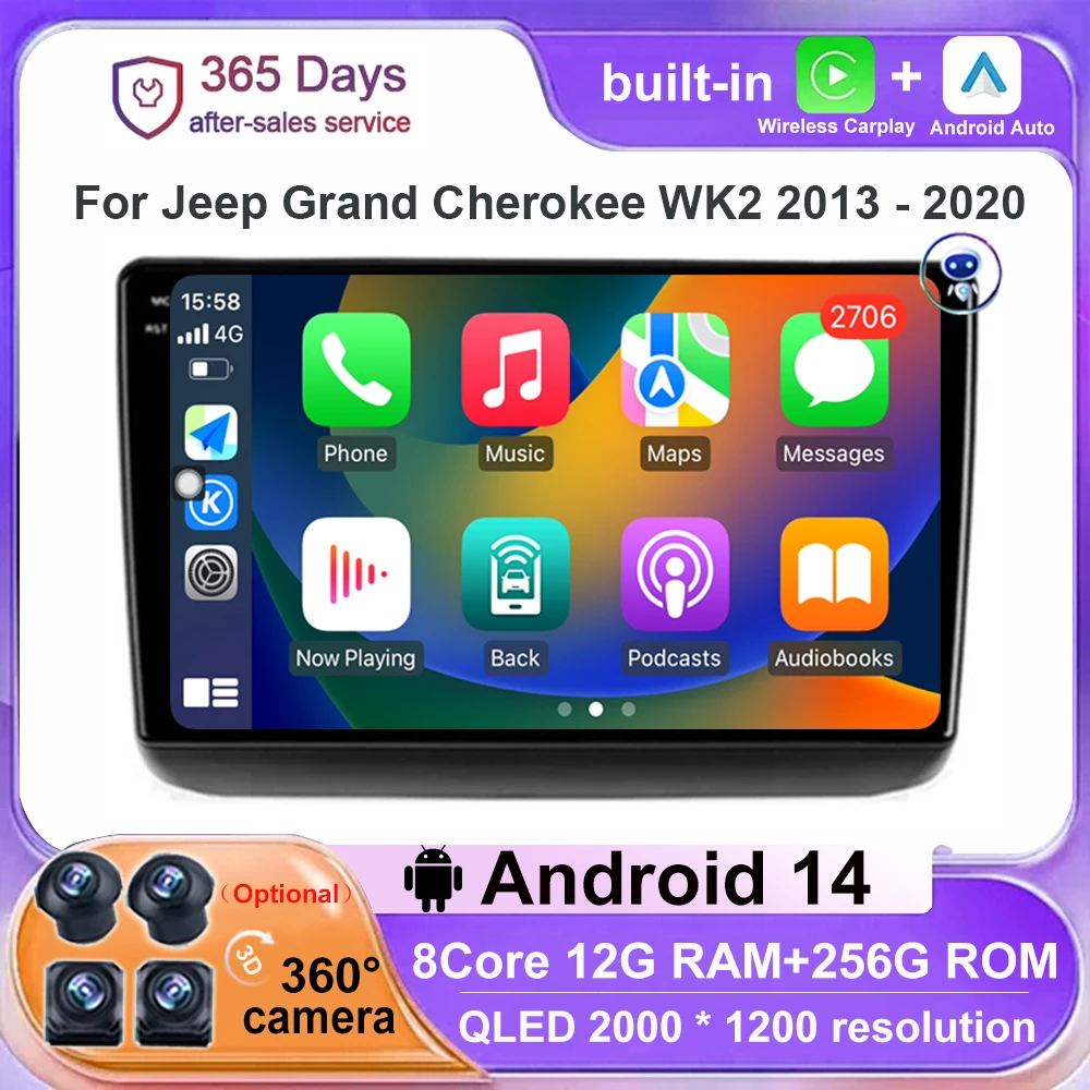 

4G WIFI LET 360 камера Android 14 Автомагнитола для Jeep Grand Cherokee WK2 2013 - 2020 мультимедийный видеоплеер Навигация стерео BT