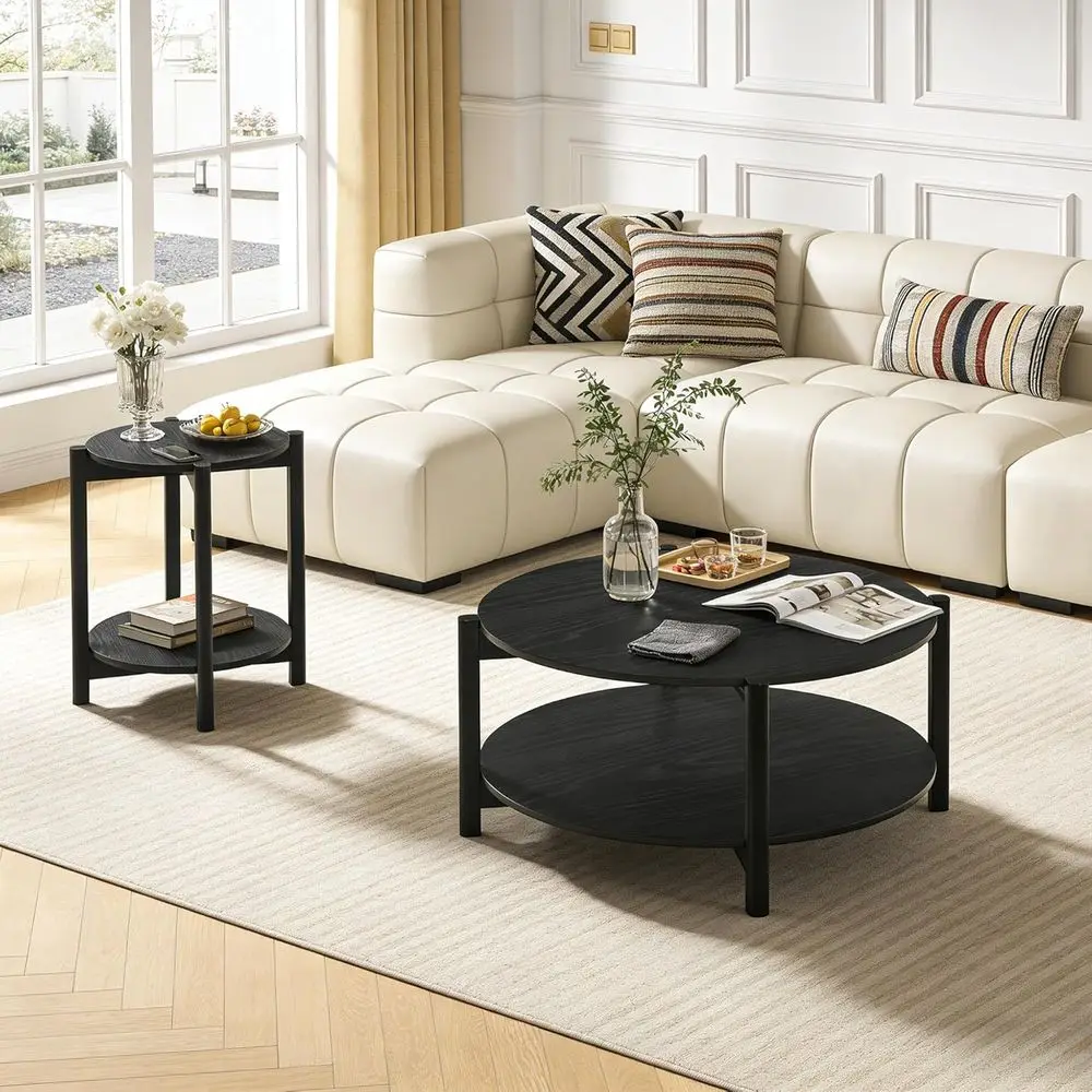 

2-Piece Wooden Coffee Table Set, 34.4 Diameter with X-Brace Support, Suitable for Living Room or Home Office