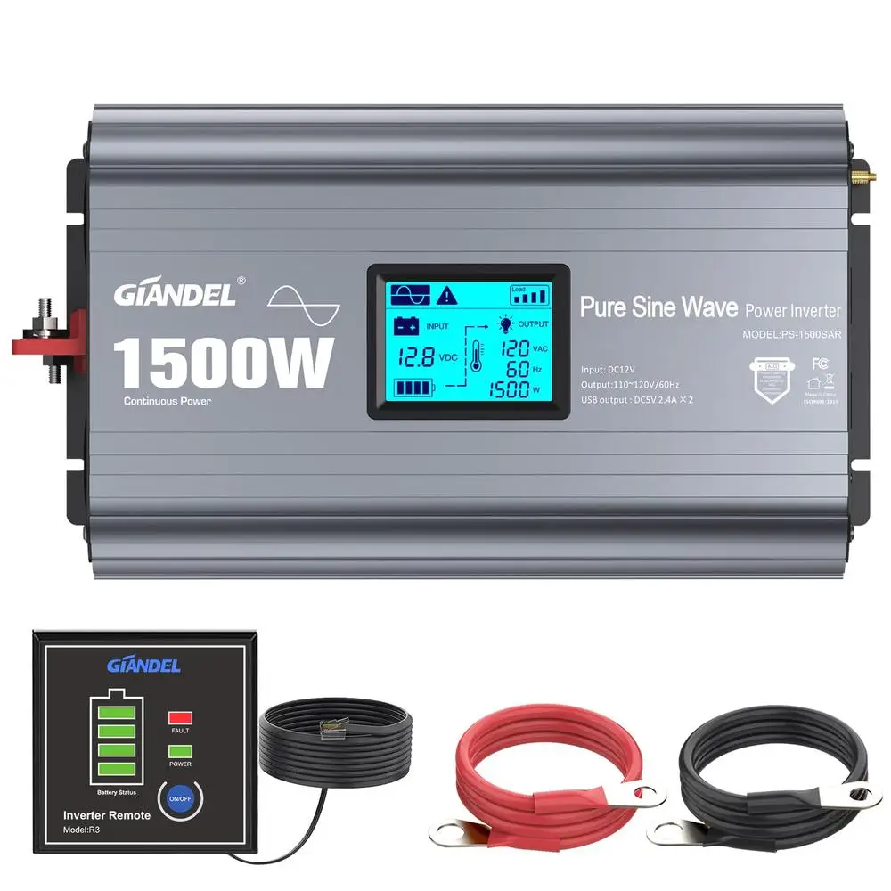 GIANDEL Pure Sine Wave Power Inverter 1500 Watt Low EMI FCC Approved Converts DC 12V to AC 120V with LCD Display 3xAC Outlets &