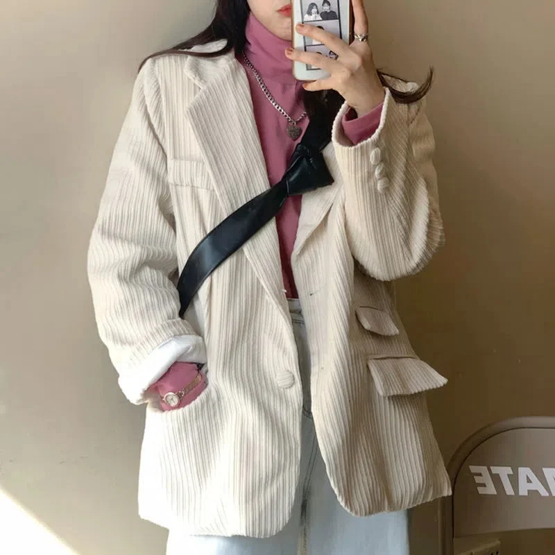 Corduroy Mid-length Suit Jacket Female 2023 New Spring and Autumn Plus Cotton Net Red Korean Version Loose White Fried Street