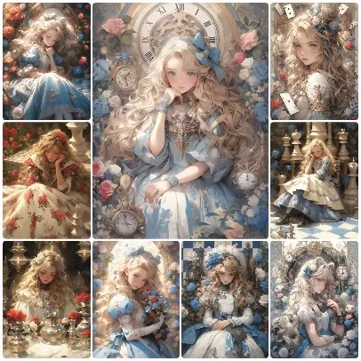 quebra-cabeca-de-cabelo-cacheado-loiro-lolita-maiden-white-rabbit-poker-rose-decoracao-de-parede-para-quarto-infantil-em-aquarela-suave-pastel