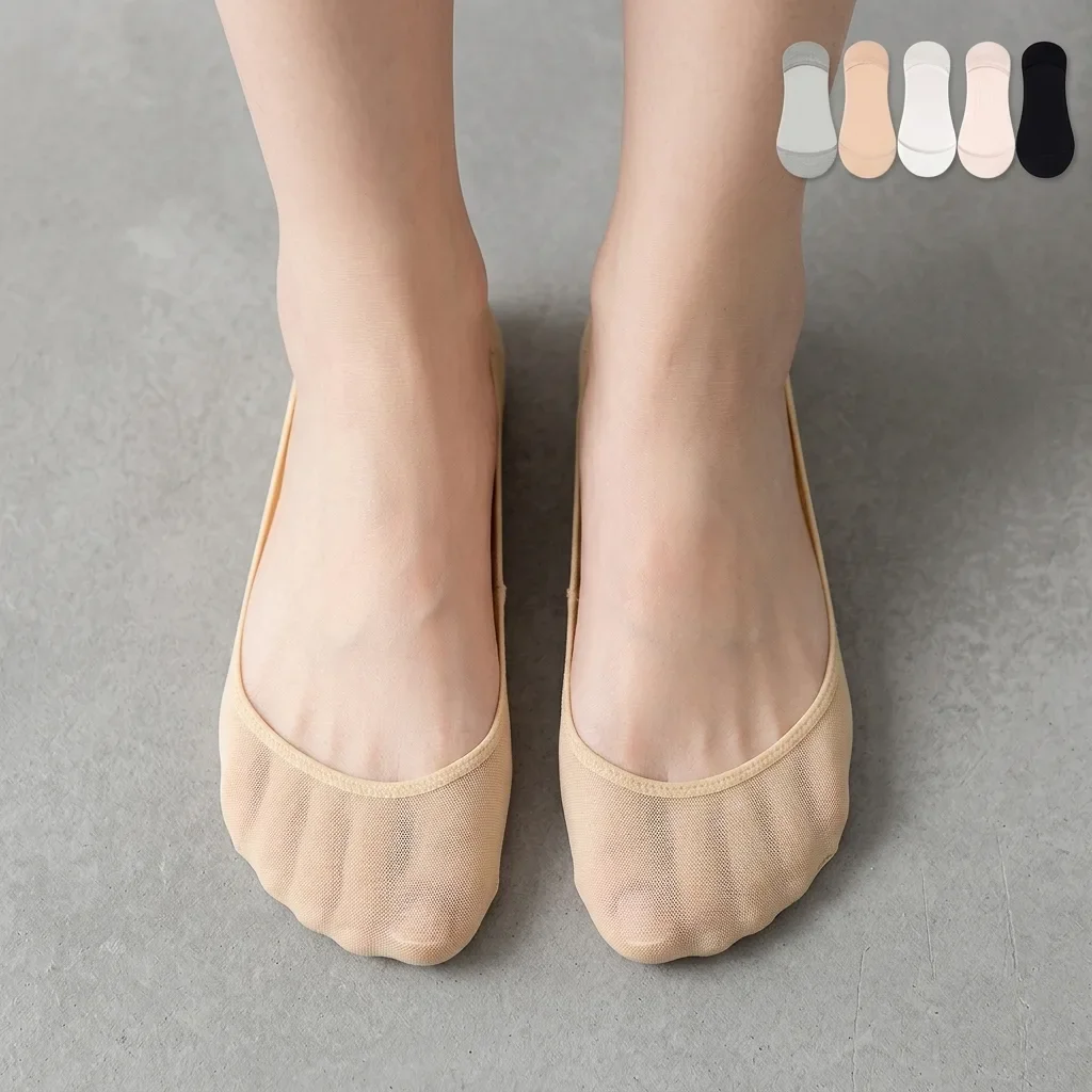 Summer Thin Ice Silk Invisible Liner Socks Soft Sponge Cushion Anti Slip Heel Sticky Design Breathable Low Cut No Show Socks Multiple Colors For Women Dress Shoes