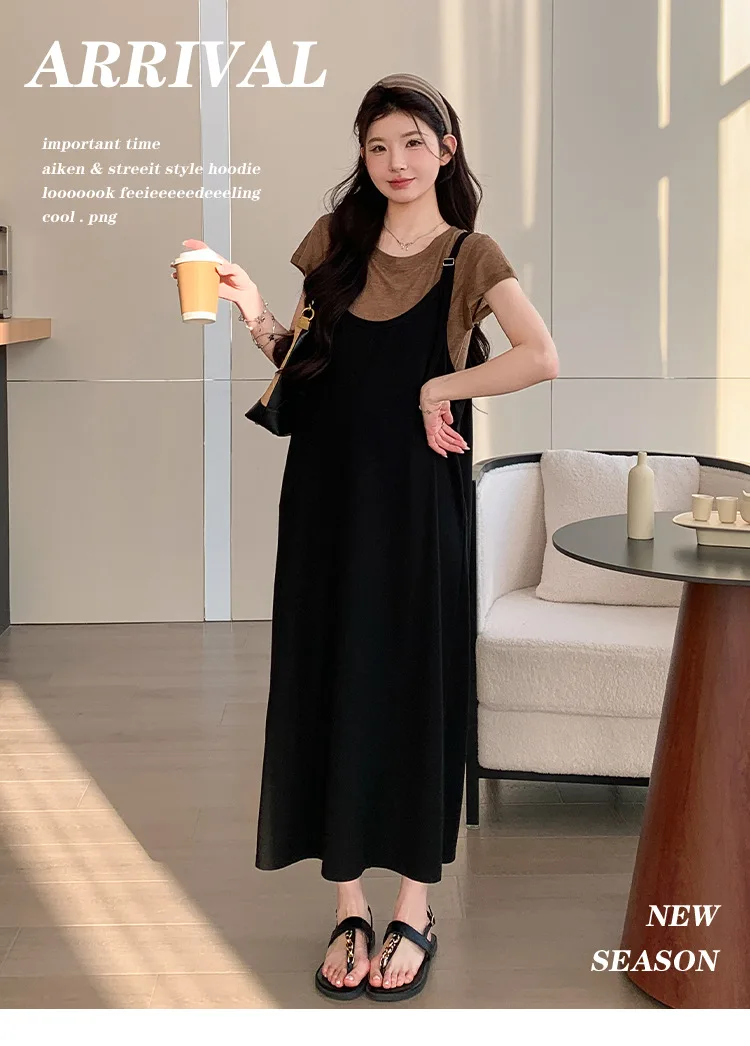 Maternity Clothes Summer 2026 Short Sleeve T Shirt And Black Spaghetti Strap Dress For Pregnant Women Casual Daily Soft