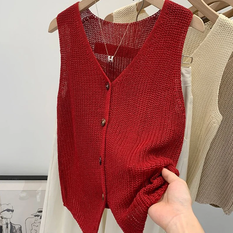 Summer Korean Cotton And Linen Fashion Casual Solid Color Loose V-Neck Vest For Women image 4