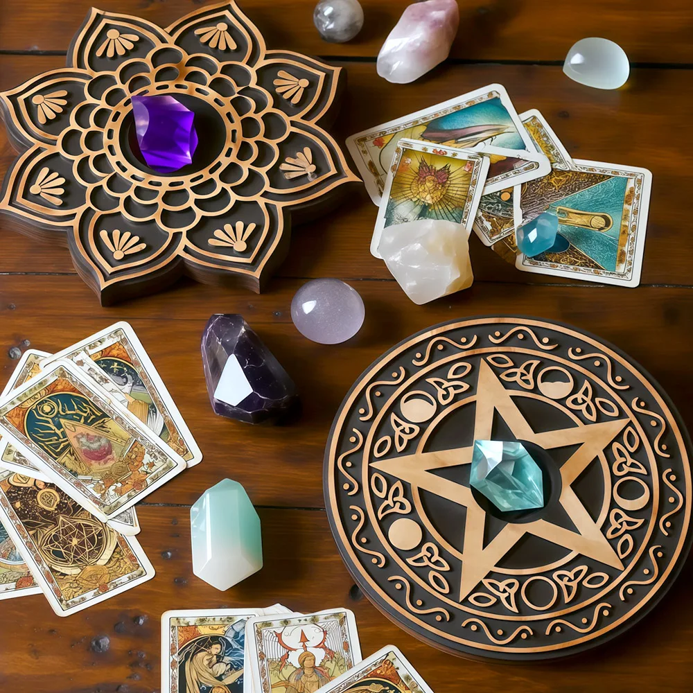 

Wooden Pentagram Divination Board Crystal Energy Disc Witchcraft Decor Tarot Card Display Stand