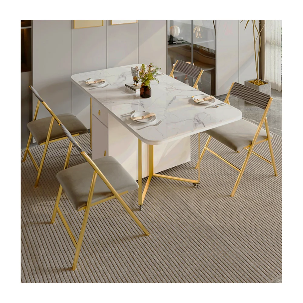 Hot Sale Luxury Extendable Marble Folding Dining Room Space Saving With Hidden Gold Foldable Seat Smart Dining Table Set