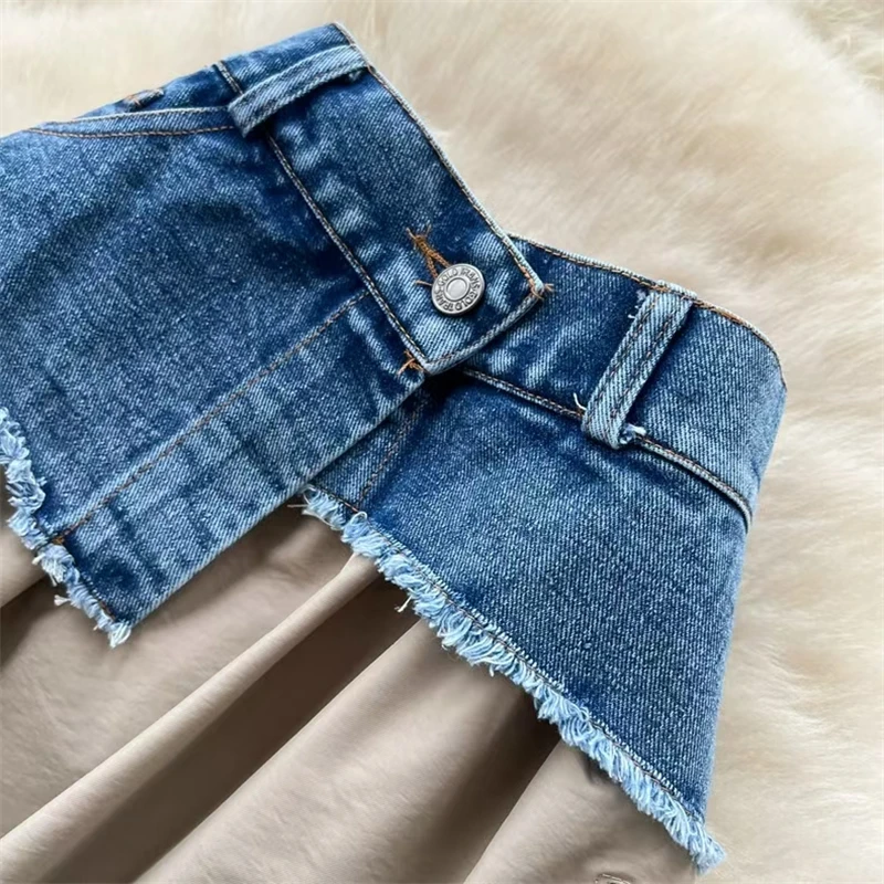 New Niche Design Women Denim Patchwork Khaki Midi Skirt Asymmetrical Waist Drawstring Hem Bubble Skirt Zipper Pockets SK8003