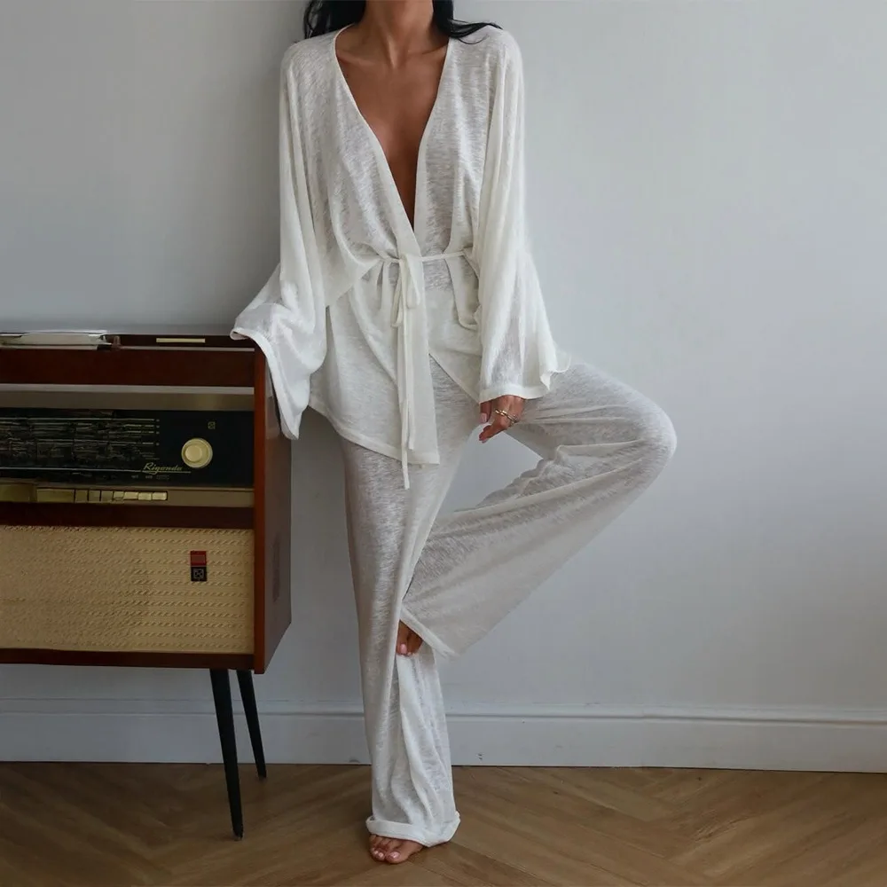 Faul Stil Modal Pyjama Anzug Herbst und Winter Frauen Einfache Feste Lose Weiche Warme Casual Lace Up Strickjacke Breite Bein Hosen 2 stücke