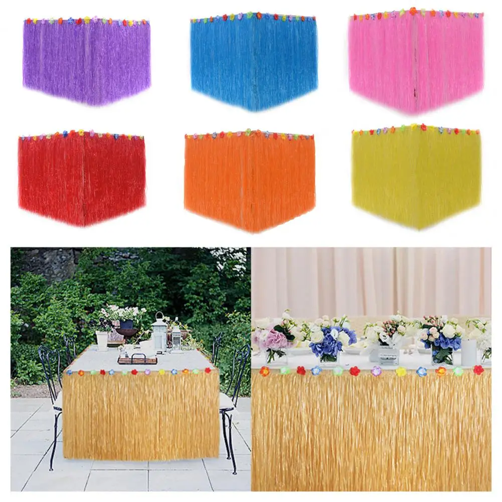 Hawaiian Theme Table Skirt With Flower Waterproof Dense Tropical Beach Jungle Parties Party Decoration Grass Table Skirt 초상 치마