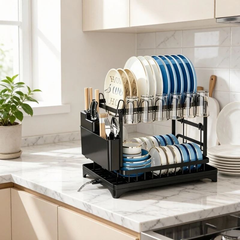 Stocking Stuffers Double Tier Dish Drying Rack, Space Saving Rust Resistant Metal Tableware Holder with Drain Tray