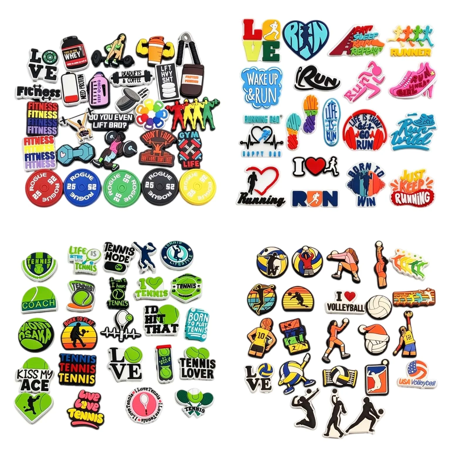 16/23/24/27/100Pcs Sports Volleyball Football Running GYM Tennis Keep Going Fitness PVC Shoes Buckle Charms Accessories DIY Clog