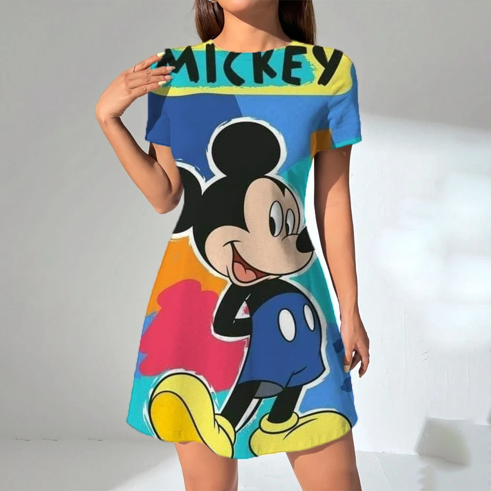 S-3Xl 디즈니 미키 마우스 프린트 O 넥 롱 드레스 캐주얼 보헤미안 숙녀 여름 해변 Sundress 여행 셔츠 파티 가운