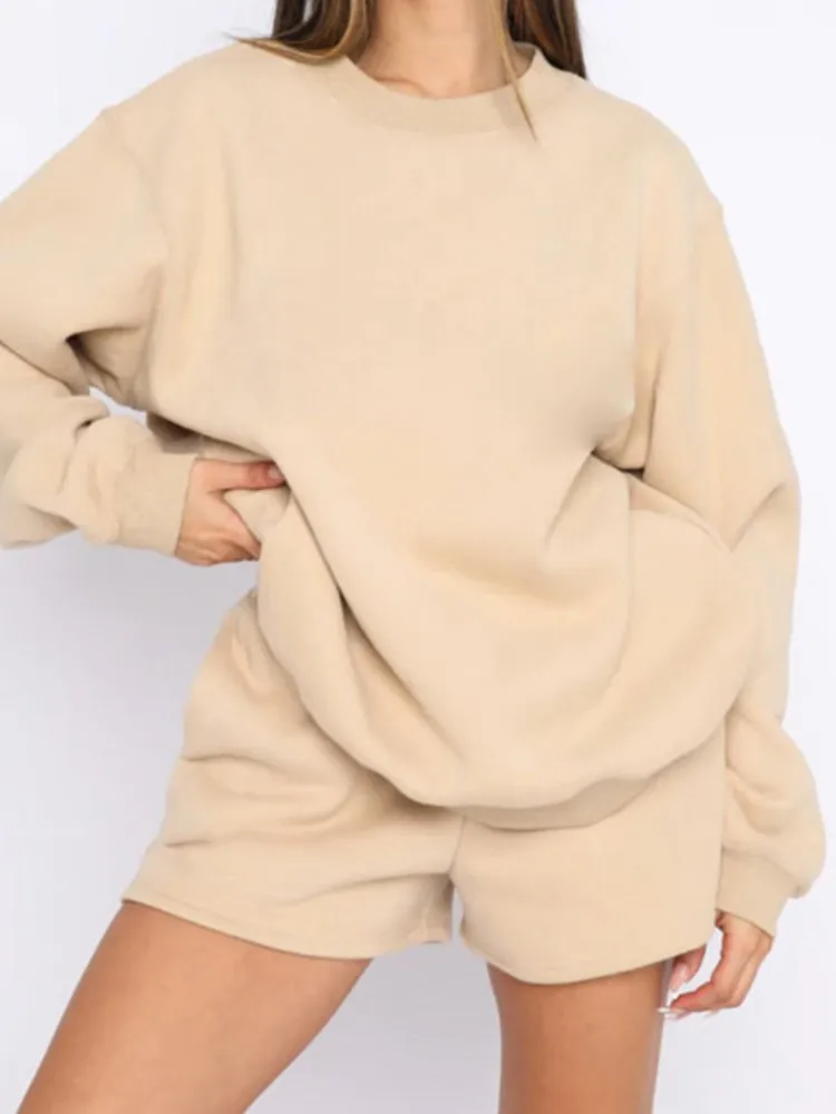 Dame Fashion Solid Sport Set Casual O Hals Langarm Pullover Lose Top Und Shorts Zwei Stück Sets Für Frauen Frühling Herbst Neue