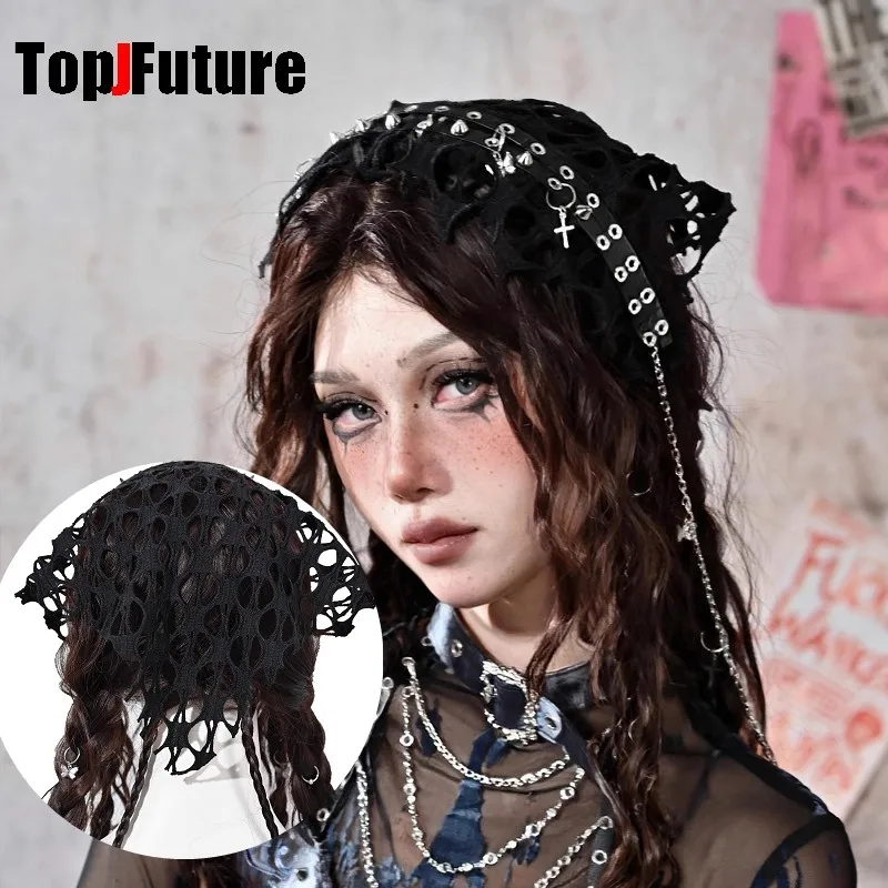

Harajuku Gothic Spice Girls Y2K Women's hair hoop rivet chain butterfly Headscarf hole headband hair bands hair accessories