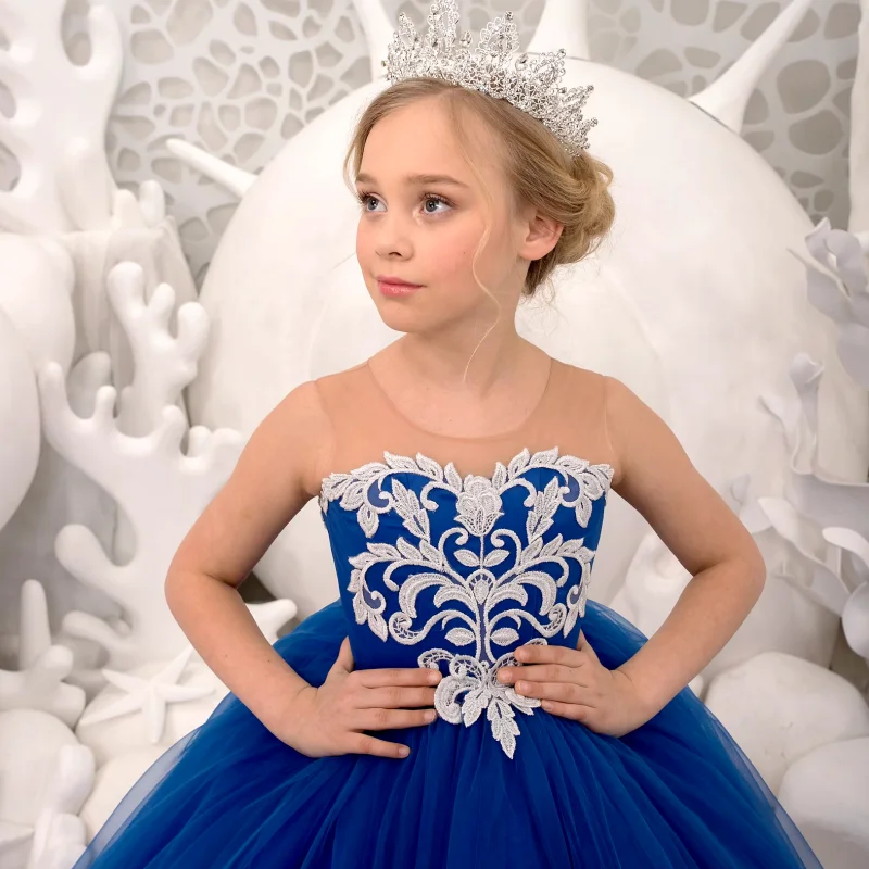 Vestido azul real de flores para niña, apliques blancos de tul con lazo, sin mangas para boda, fiesta de cumpleaños, banquete, vestidos de princesa