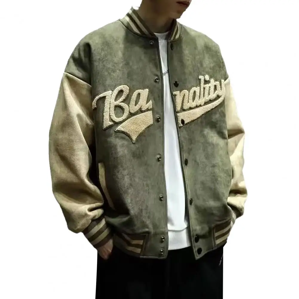 

Men Baseball Coat Men's Suede Baseball Coat with Embroidery Letter Print Retro Green Jacket with Handsome Embroidery for Men