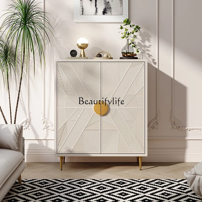 

FG17American light luxury home entrance cabinet household living room solid wood carving flower antique white foyer cabinet