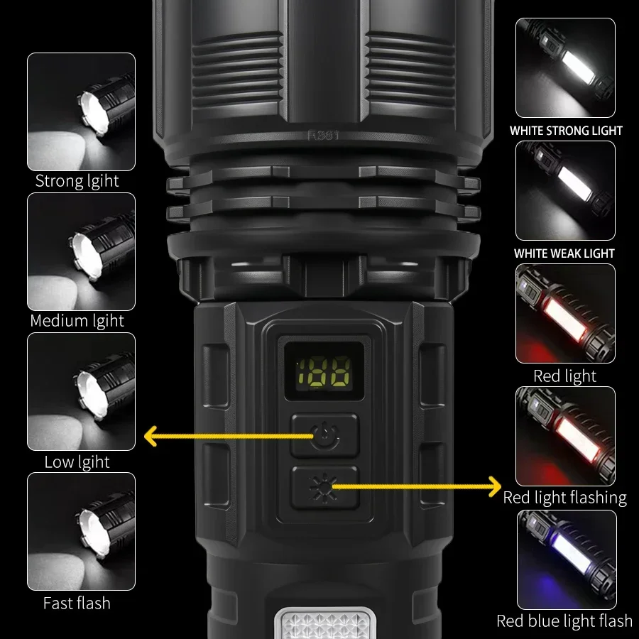 10000LM Bright LED Flashlight –Zoomable Tactical Torch,Rechargeable COB Camping Lamp for Outdoor Hiking Emergency & Self Defense