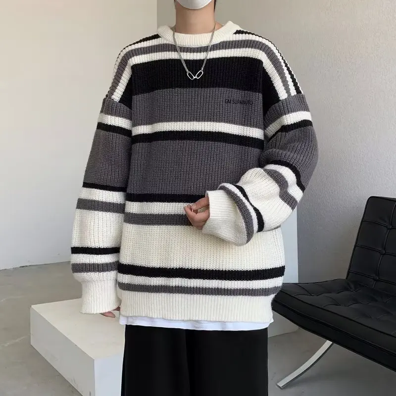 

Свободный мужской вязаный свитер, круглый, повседневная верхняя одежда в полоску, зимняя мода, трикотаж больших размеров, удобный трикотаж