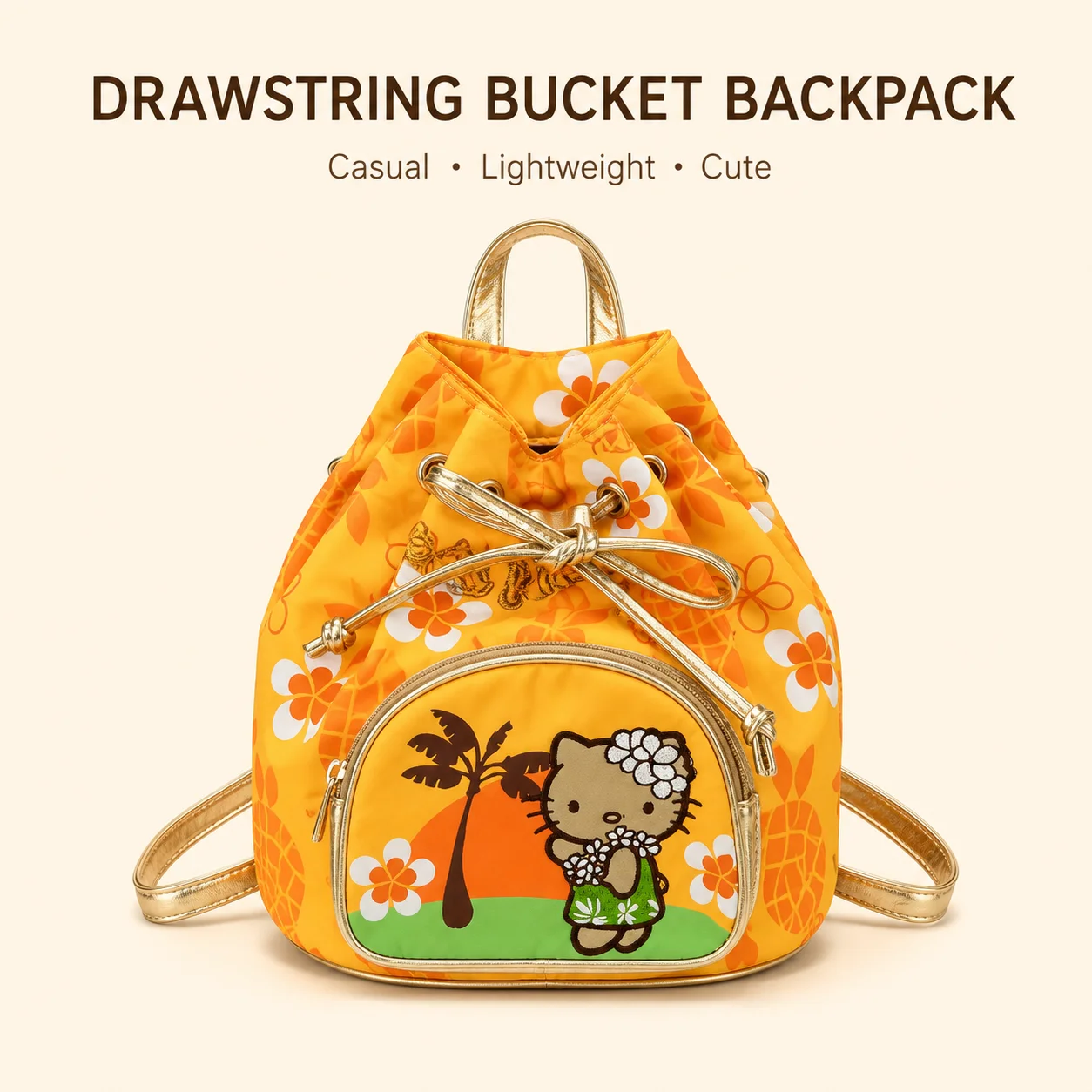 

Sanrio Tropical Hawaii HelloKitty Drawstring Bucket Backpack Capacity Summer Beach Vacation Travel Bag Pineapple Print Bag Gift