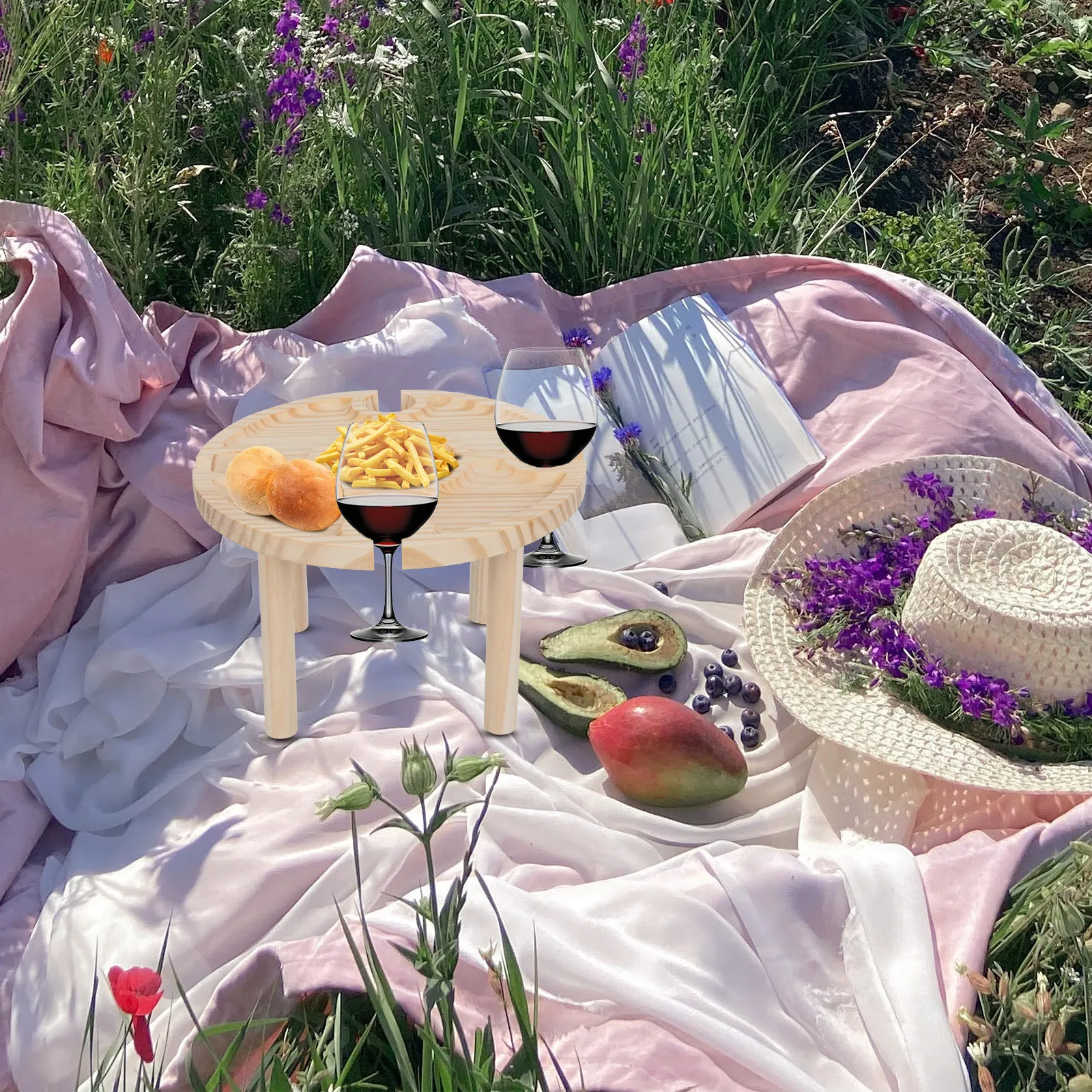 1Pcs Wooden Wine Table Portable Outdoor Picnic Table Serving Desk Wine Storage Holder Eco-Friendly Wood Design