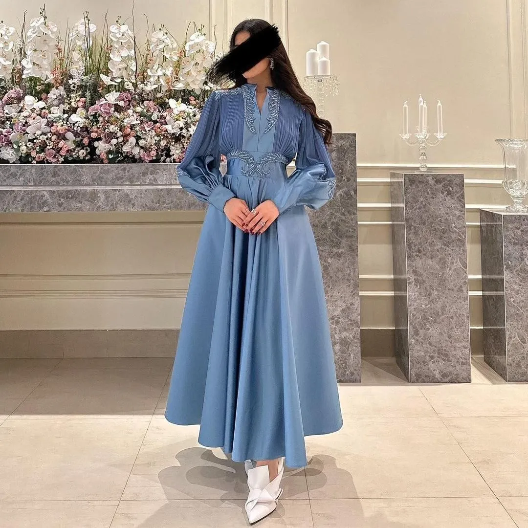 Lovestory-Vestidos De Fiesta De Arabia Saudita con cuello en V para mujer, ropa De graduación con cuentas, manga larga, vestido De noche fruncido hasta el tobillo