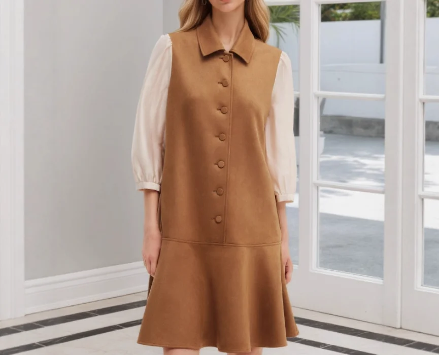 

Women's Dress Summer New Elegant Casual Style Lapel Solid Color Suede Splicing White Mesh Long Sleeved Design Button Front Dress