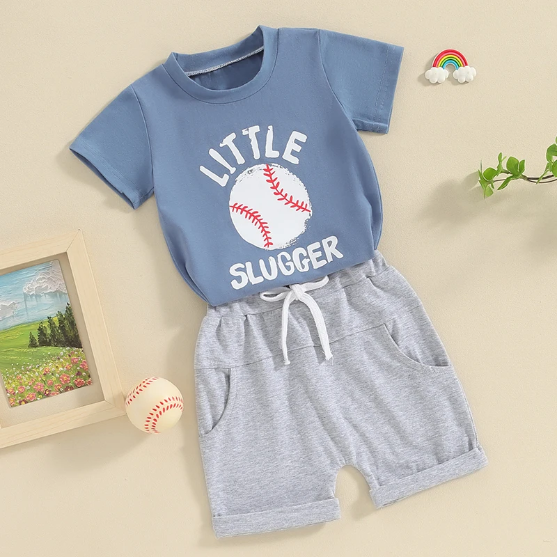 Toddler Baby Boy Summer Outfit Round Neck Short Sleeve Baseball Print Top Elastic Shorts Cute Infant Newborn Clothes