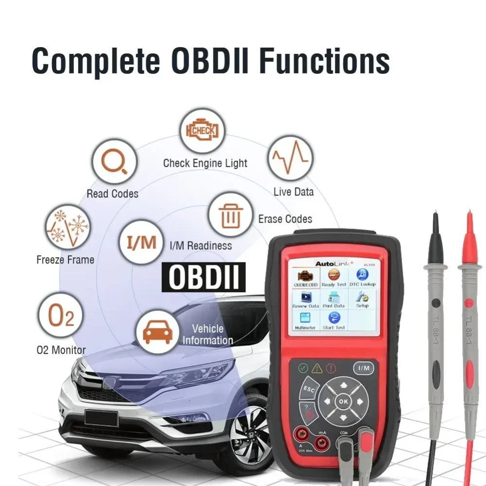 Autel AutoLink AL539 قارئ رمز السيارات obdii أداة مسح ضوئي أداة اختبار كهربائية AVO متر أدوات اختبار البطارية PK AL539B AL519