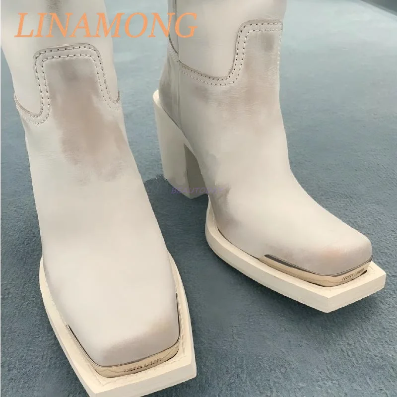 Retro Polished Vintage Long Boots Simple Style Thick Heel and Square Head Metal Iron Plate Knee Length Sleeve Knight Boots