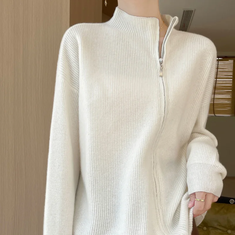 

New 100% merino cashmere sweater in autumn and winter Women's high-necked thick solid color zipper cardigan loose knit jacket