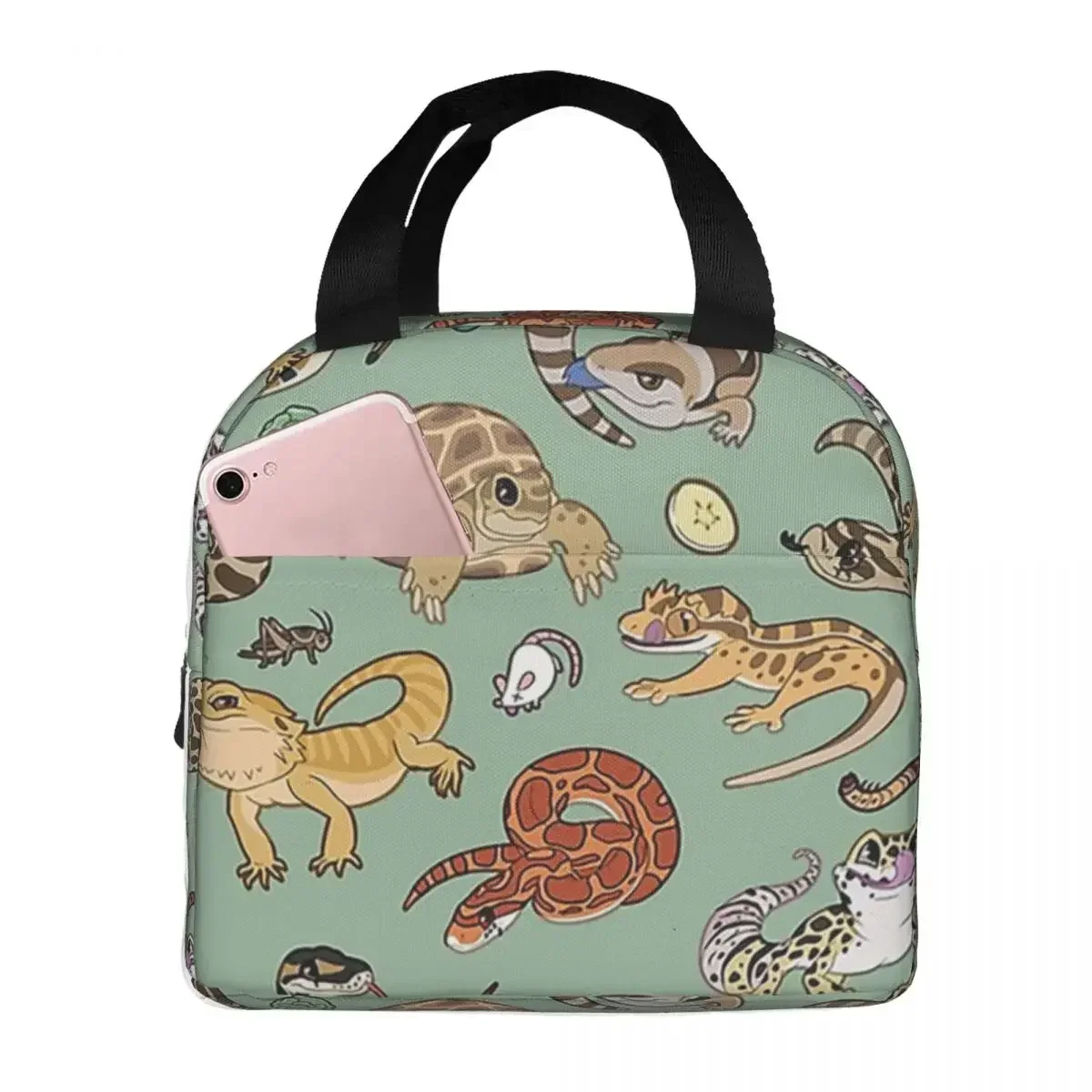 Reptile Pets Pattern Green Lunch Bags Insulated Bento Box Lunch Tote Leakproof Bags Cooler Thermal Bag for Woman Kids Work