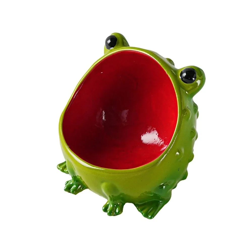 Ceramic/Resin Frog Jewelry Holder Wide Open Mouth Cute Frog Shape Frog Storage Bowl Glossy Finish Green Exterior