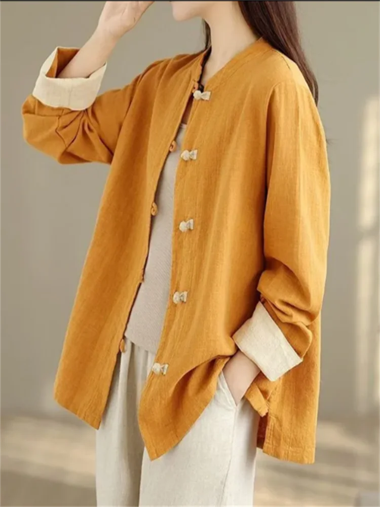 الرجعية فضفاض Bouse المرأة قميص معطف الصينية القطن قميص كتان اللون التباين أبلى الرجعية القرص سترة قميص الإناث #3