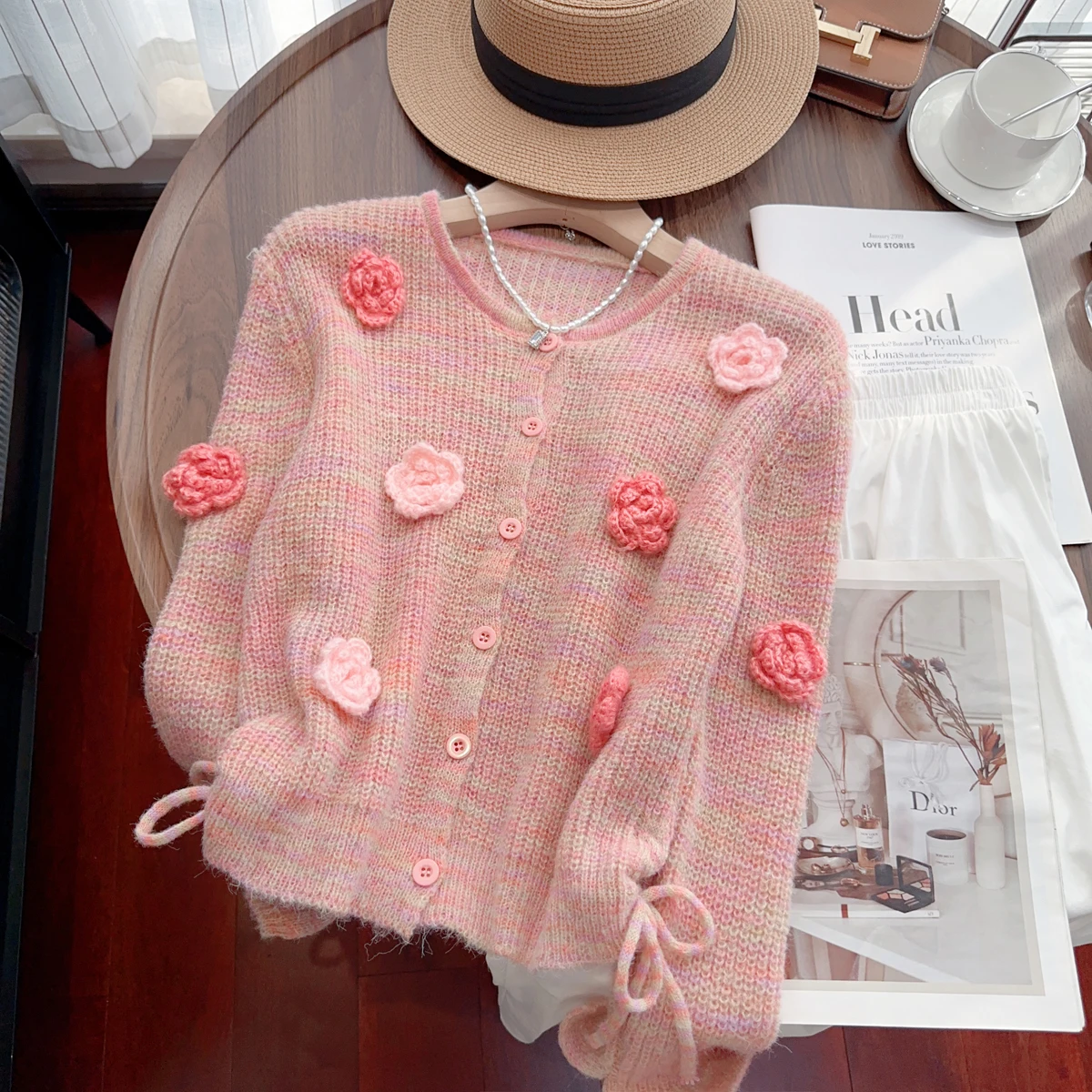 2024 Autumn Flowers Embroidery Short Sweater Cardigan For Women Long Sleeve Japanese Kawaii Sweet Clothes Knitted Pink Sweater