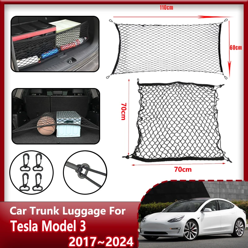 Car Boot Trunk Net For Tesla Model 3 2017-2024 Nylon Layer Mesh Luggage Bag Storage Rear Back Cargo Car Accessories 2023 2022