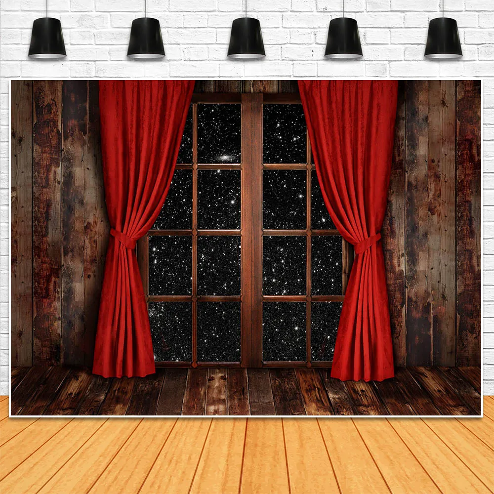 Mocsicka Christmas Backdrop Photography Window Snow Scene Red Curtain Wooden Wall and Floor Xmas Children Photo Background Props