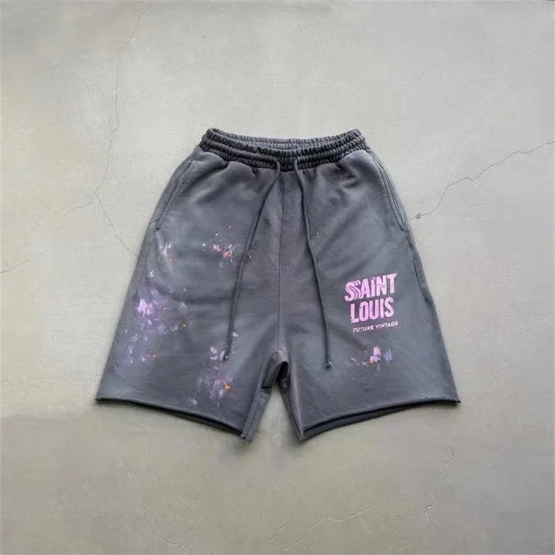 Saint Louis-pantalones cortos de gran tamaño para hombre y mujer, Shorts lavados con Graffiti rosa, tinta moteada con cordón, 24ss