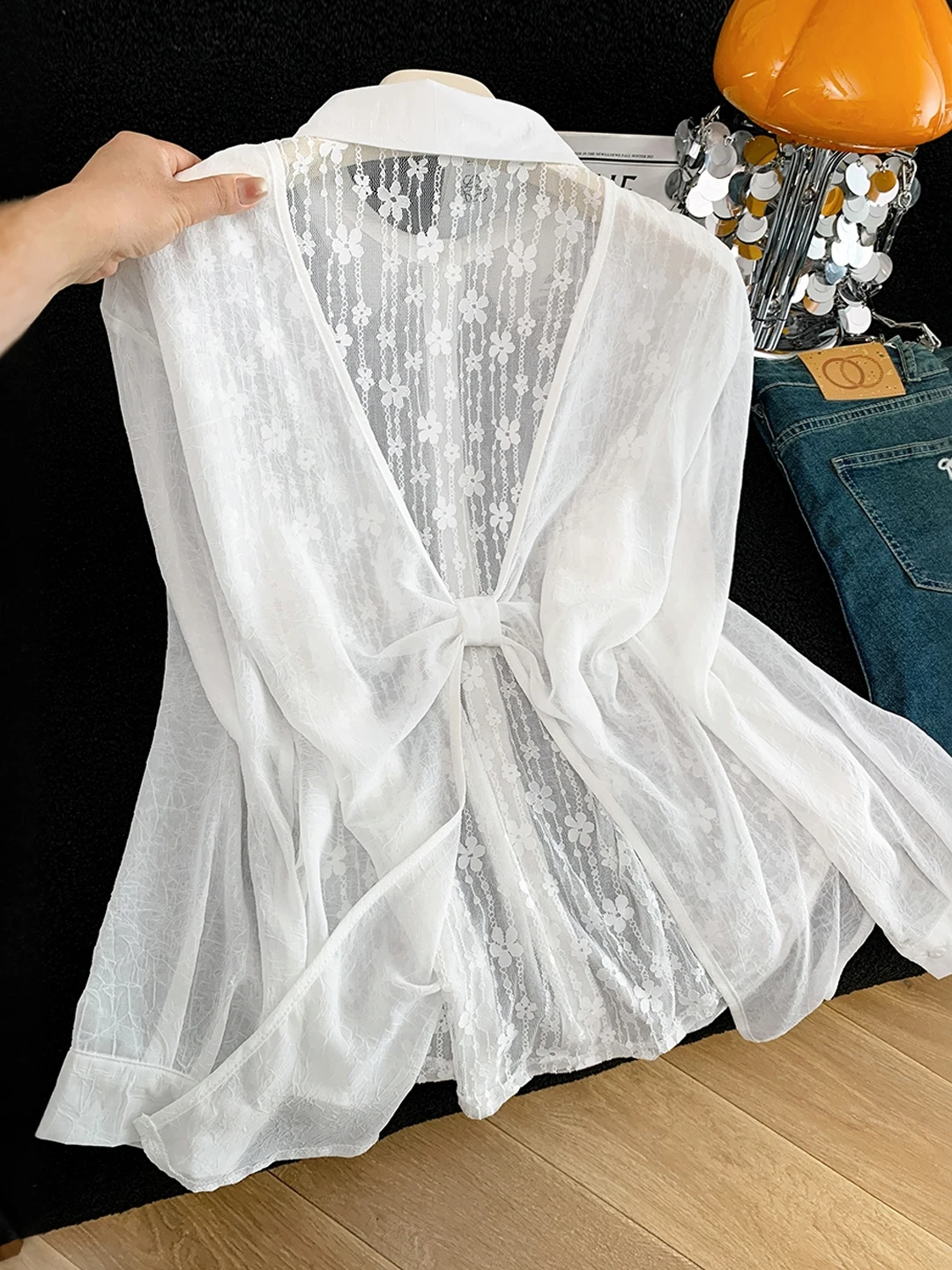 

Lace Back Splice Long Sleeve Women's Shirt Thin Summer Korean Style Loose Sun Protection Top Design Sense Commute Style Butte...