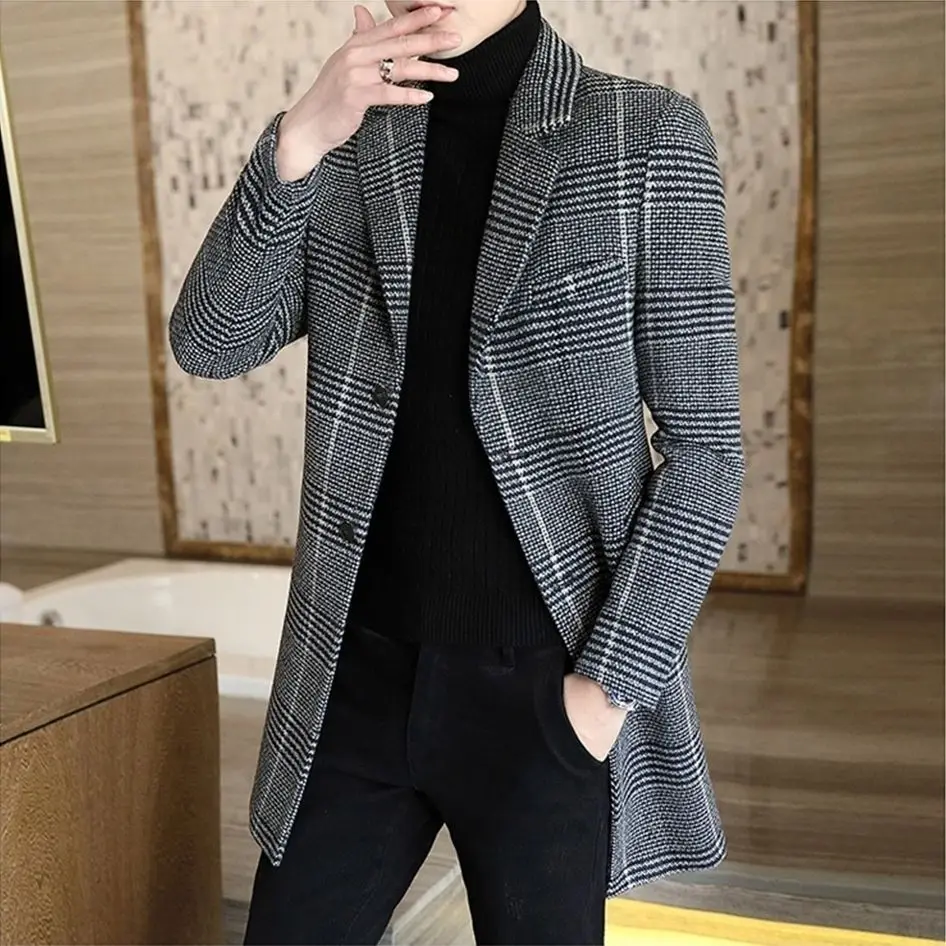 2024 Autumn and Winter New Men High-end Trench Coat in The Long British Style Handsome Checkered Slim Overcoat Men's Clothing