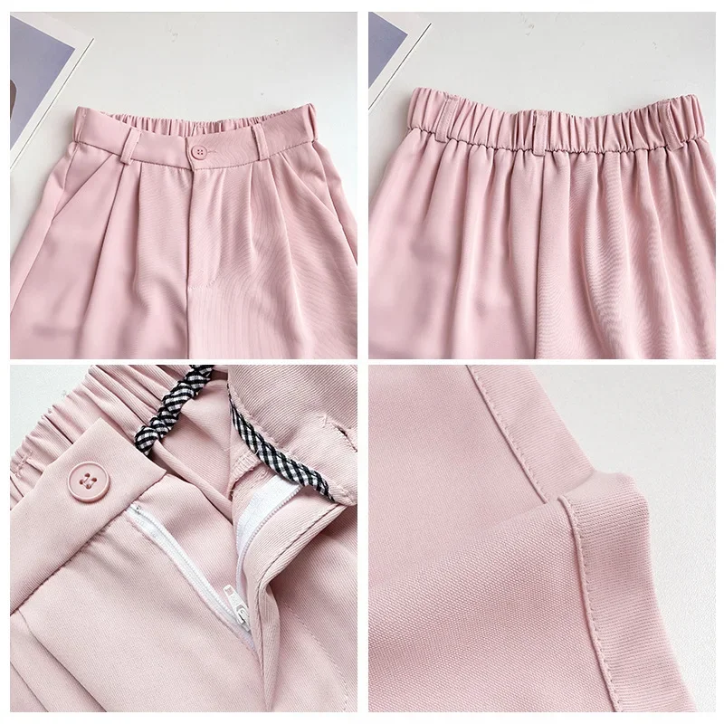 Shorts casuais de cintura alta para mulheres, botão, comprimento do joelho, reto, perna larga, calças curtas, cor sólida, solto, verão