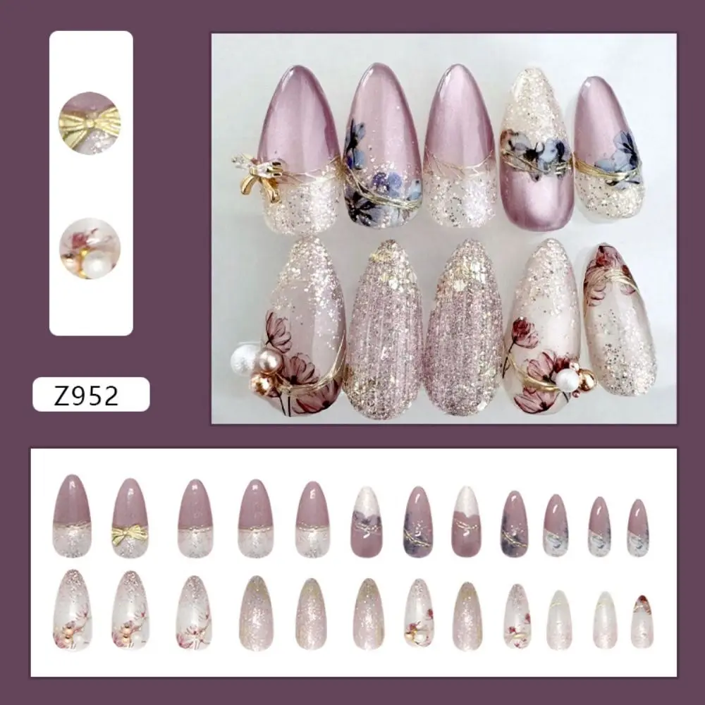 Faux ongles longs en amande, 24 pièces, nœud en perles, paillettes fines, à pression française, fleurs violettes, strass scintillants, pointes pour femmes