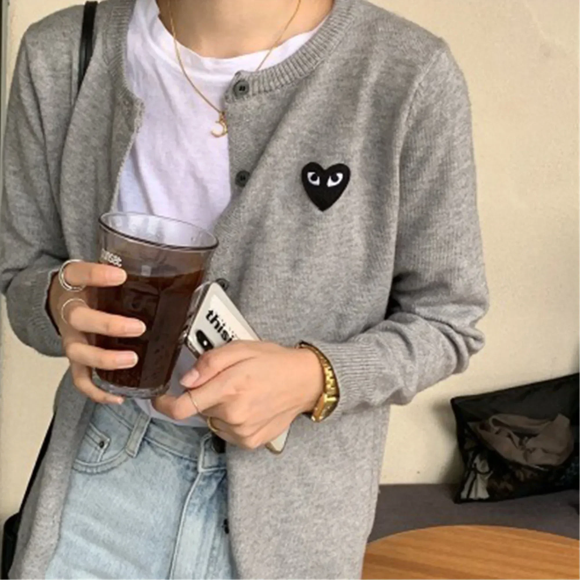 Round Neck Sweater Celebrity Style Cardigan Love Wool Cardigan Women Short Knit Baoling Couple Outfit Sweater Autumn Outerwear