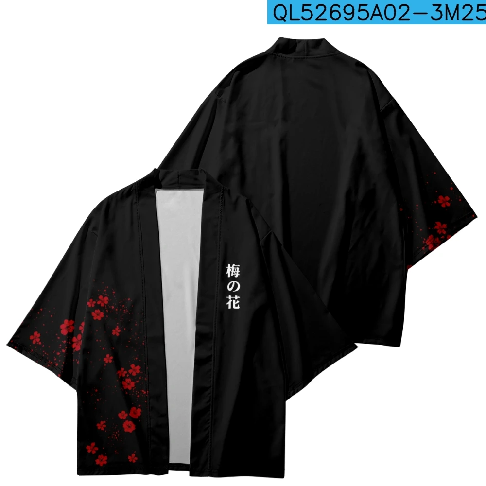 

Japanese Red Plum Print Black Samurai Kimono Streetwear Men Women Cardigan Harajuku Robe Clothes 2023 Summer Beach Yukata