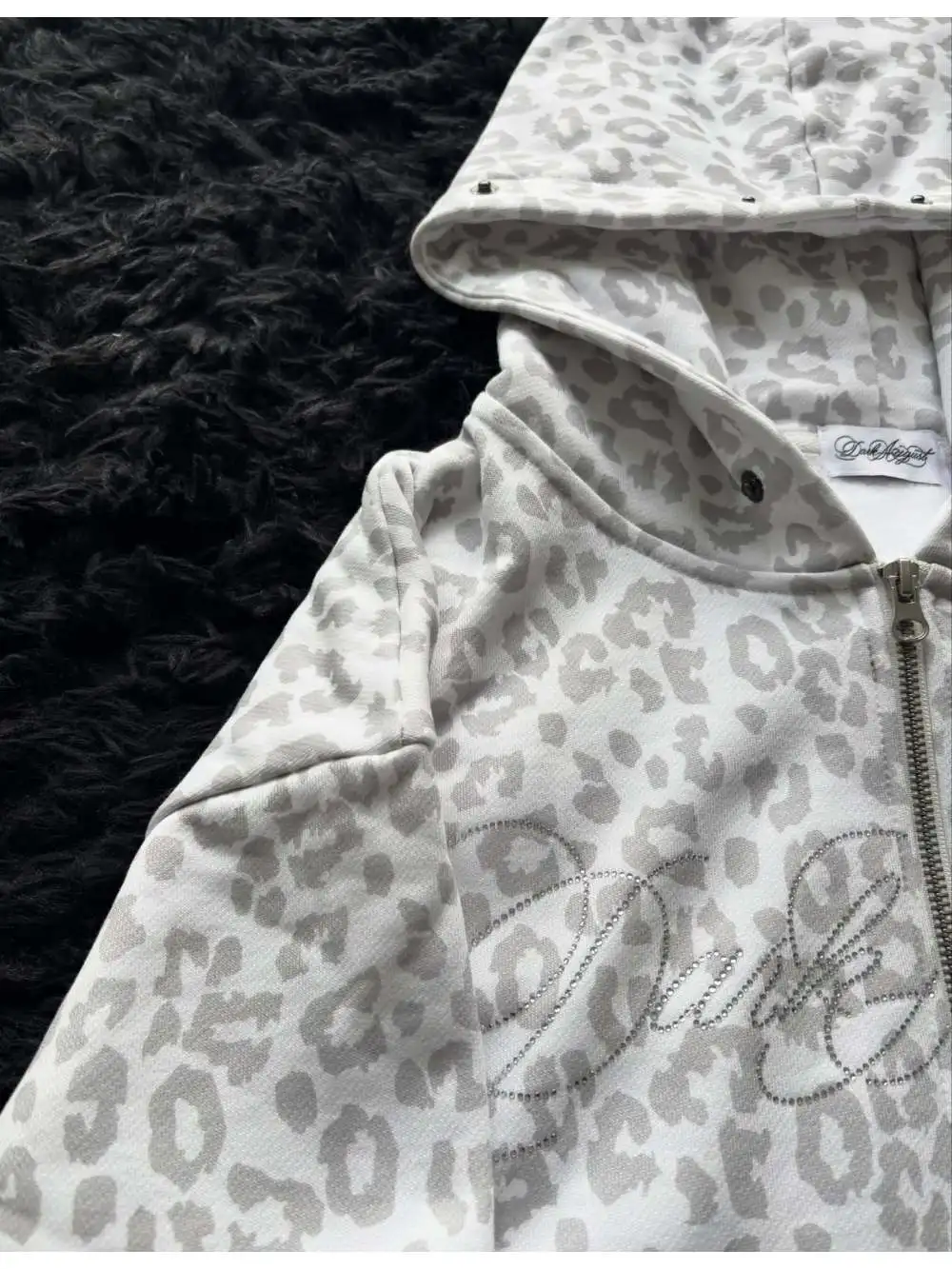 2026 new American retro leopard print fur collar hooded sweatshirt with letter print, loose zipper, personalized street style - view 5