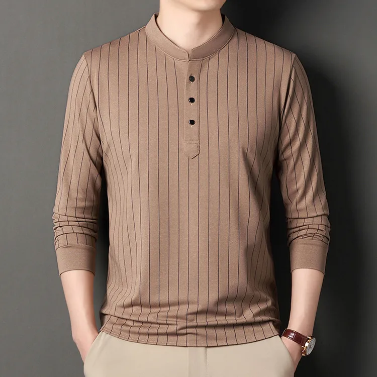 2025 New Men's Long Sleeved Small Stand Up Collar Striped Base T-shirt